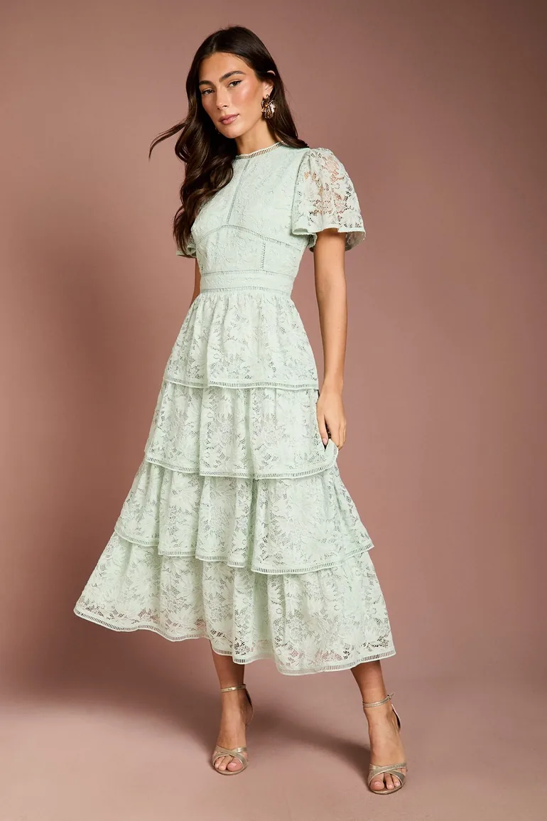 Tiered Lace Dress With Flutter Sleeve & Trims
