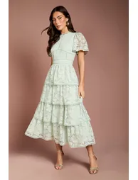 Tiered Lace Dress With Flutter Sleeve & Trims