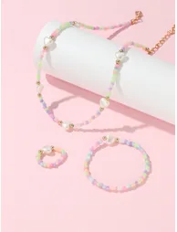 Girls Multi-Color Heart Charm Beaded Necklace, Bracelet and Ring Set