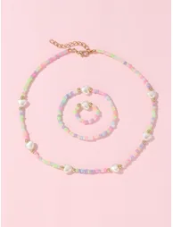 Girls Multi-Color Heart Charm Beaded Necklace, Bracelet and Ring Set - 2