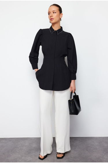 Black Waist Fitted Pearl Detail Woven Shirt