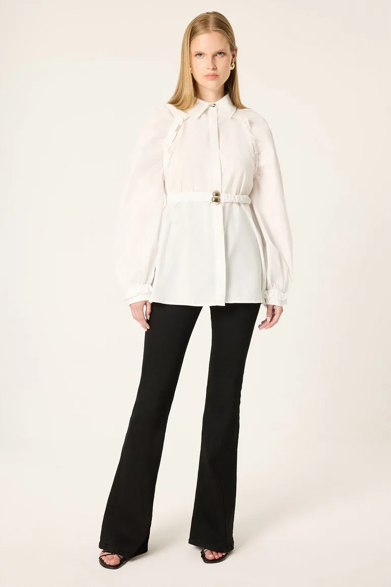 BELTED SHIRT WITH BALLOON SLEEVES AND GATHERED DETAIL - 1