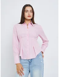 Women Pink Striped Long Sleeve Shirt - 1