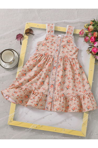 Girls Floral Print Sleeveless Buttoned Dress