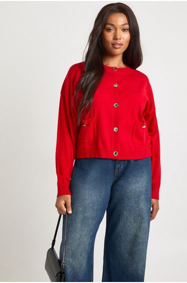 Plus Rib Knit Button Cardigan - red