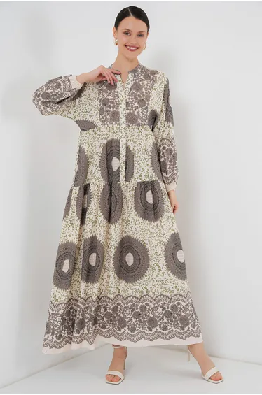 BDART Printed V-Neck Maxi Dress with Button Closure