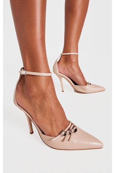 Cream Pu Point Toe Buckle Detail Court Heels