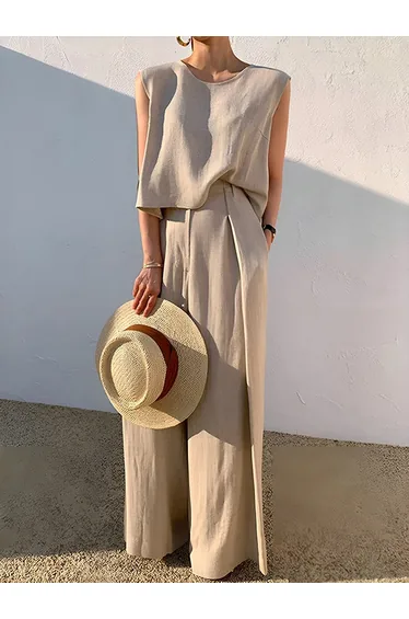 Loose Short Sleeves Hollow Solid Color Split-Joint Round-Neck Vest Top