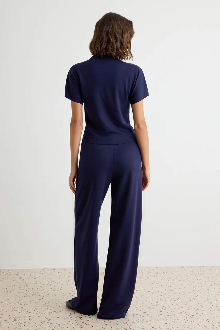 Navy Blue Plain Bodycon Tie-Up Tube Leg Thick Flexible Knitted Bottom - Top Set - 3