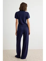 Navy Blue Plain Bodycon Tie-Up Tube Leg Thick Flexible Knitted Bottom - Top Set - 3