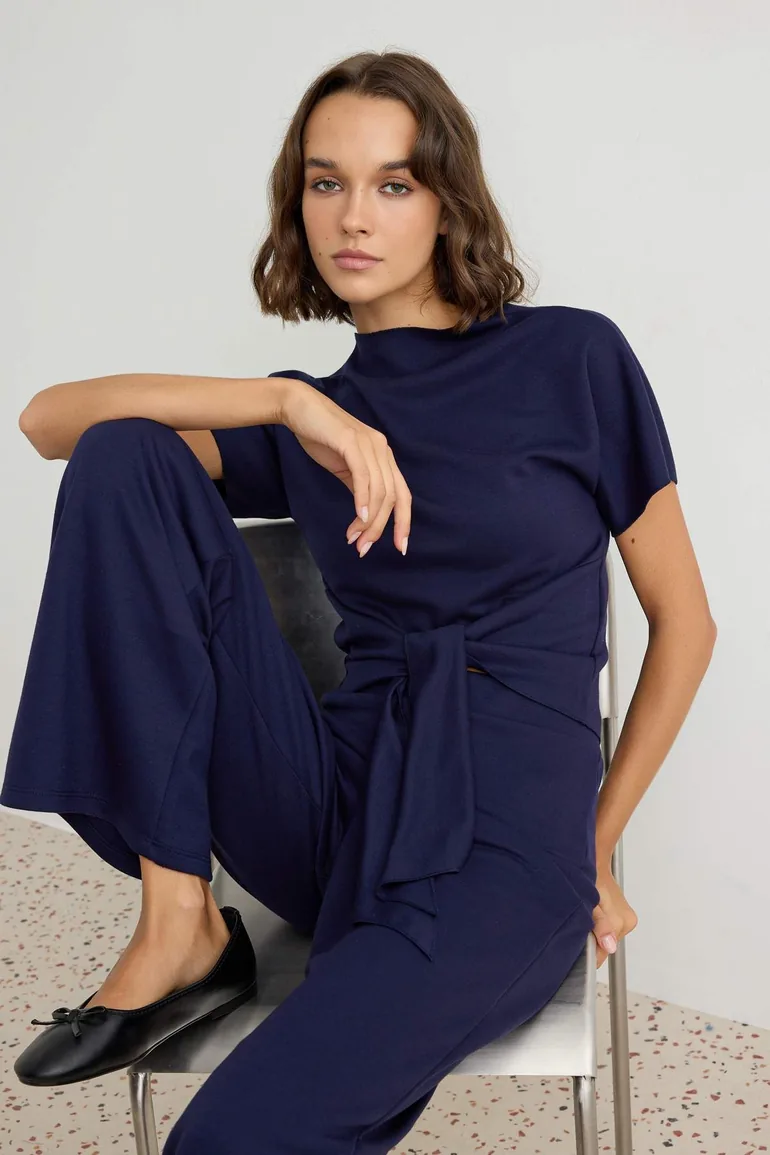 Navy Blue Plain Bodycon Tie-Up Tube Leg Thick Flexible Knitted Bottom - Top Set - 1