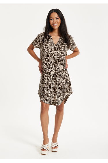 Leopard Print V-Neck Shirt Dress