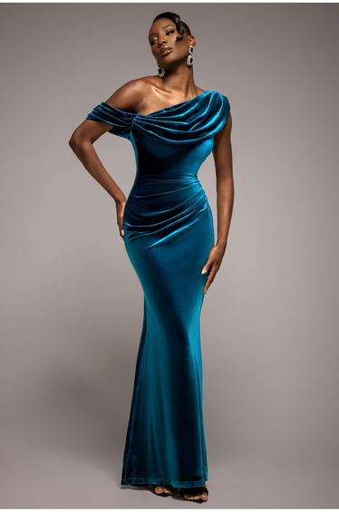 Goddiva Cowl One Shoulder Velvet Maxi Dress