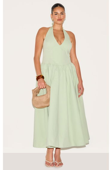 Plus Sage Green Halterneck Tie Detail Midaxi Dress