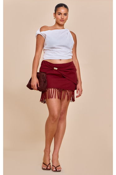 Plus Chocolate Linen Gold Trim Tassle Hem Mini Skirt