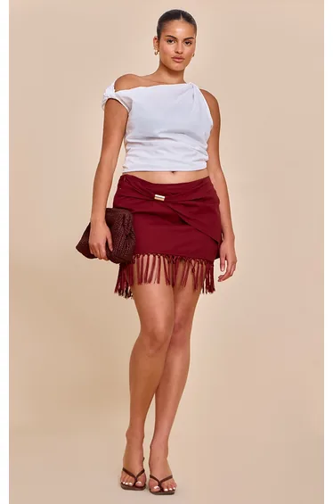 Plus Chocolate Linen Gold Trim Tassle Hem Mini Skirt