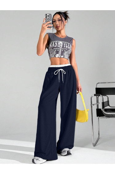 Navy Blue Solid Elastic Drawstring Waist Wide Leg Joggers