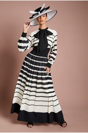 Lisa Tan Bow Neck Stripe Print Maxi Dress