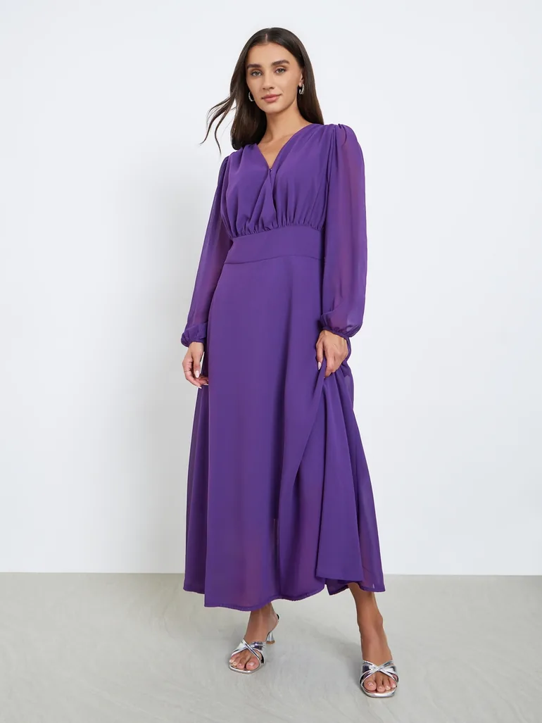 Purple Solid Chiffon Balloon Sleeve Midi Dress Styli Purple : Evening  Dresses : VogaCloset Oman