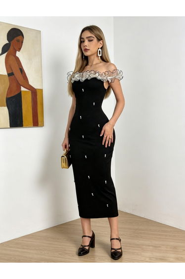 Black Faux Pearl Embellished Off Shoulder Midi Dress