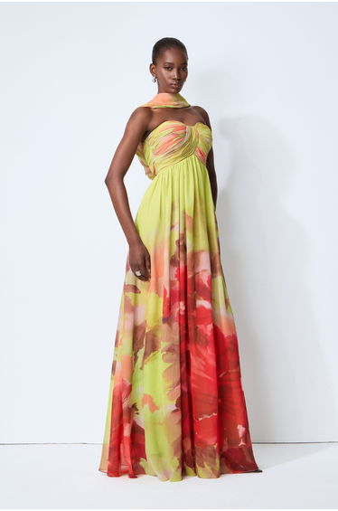 Truly Extraordinary Multi Floral Print Chiffon Maxi Dress with Scarf