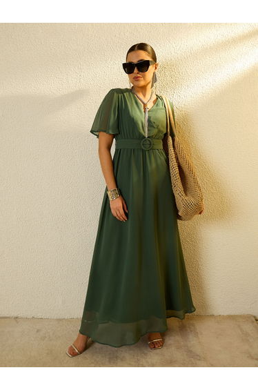 Green V-Neck Short Sleeve Belted Maxi Dress