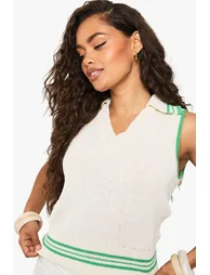 Collared Knitted Vest - cream - 3