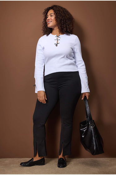 White bow and cut out detailed crew neck slim/fitted knitted blouse
