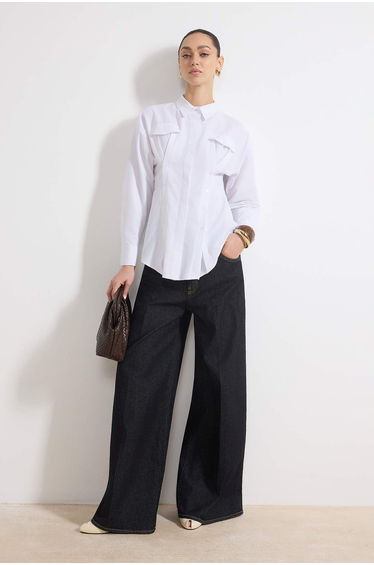 White Cotton Fabric Woven Shirt with Double Front Pockets