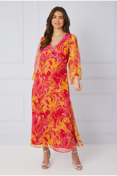 Paisley Print Trim Detail Midaxi Dress