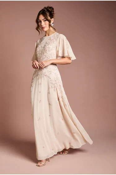 فستان كوست فاشن شيفون زهري ماكسي على شكل حرف A مطرز