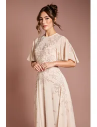 Floral Embroidered And Beaded Angel Sleeve Maxi Dress - 1
