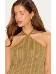 Khaki Pinstripe Halter Neck Pointed Hem Top - 3