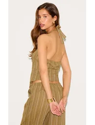 Khaki Pinstripe Halter Neck Pointed Hem Top - 2