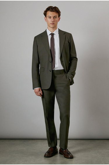 Khaki Textured Stretch Slim Fit Suit Trouser
