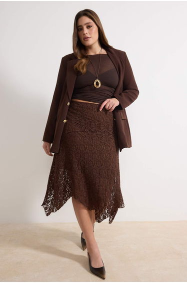 Brown Lace Asymmetric Handkerchief Form Midi Knitted Plus Size Skirt