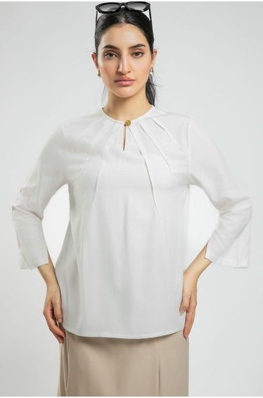 Women's Long Sleeve Blouse - Solid Color, Front Pleats, Sleeve Slits
