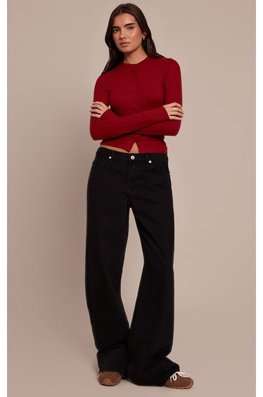Deep Red Soft Rib Button Down Long Sleeve Top