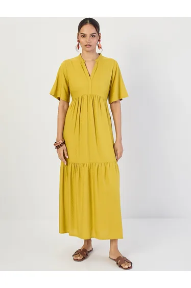 Mustard Dobby Tiered Maxi Dress