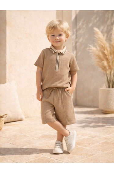 Nanica Boys Polo Shirt and Shorts Set in Beige