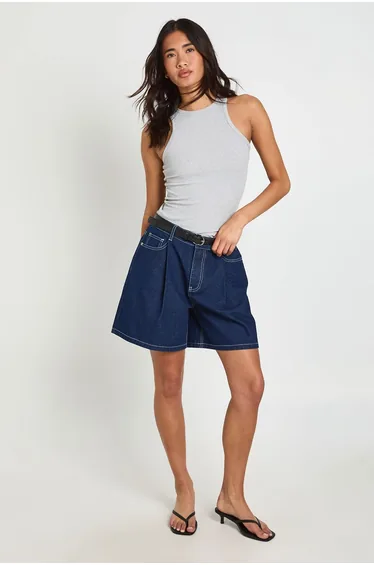 Belted Longline Pleated Short - indigo