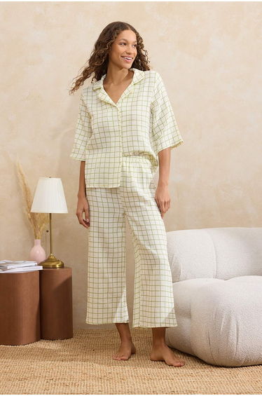 Green Plaid / Checkered Muslin Woven Pajama Set