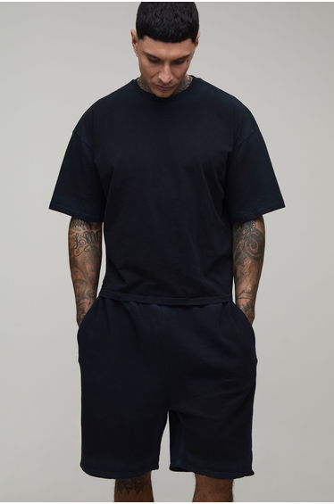 Tall Oversized Shrunken Spray Seam Wash T-Shirt & Shorts Set - black