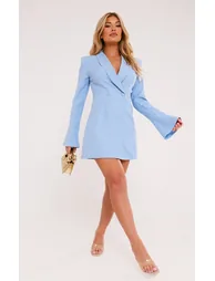 Light Blue Double Breasted Flute Sleeve Blazer Dress - 2