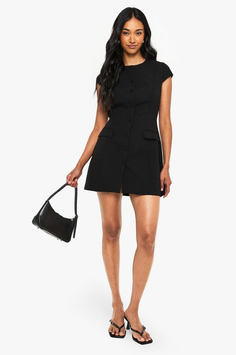 Tailored Cap Sleeve Button Through Mini Shift Dress - black Boohoo : Party Dresses : VogaCloset Oman Tailored Cap Sleeve Button Through Mini Shift Dress - black Boohoo : Party Dresses : VogaCloset Oman