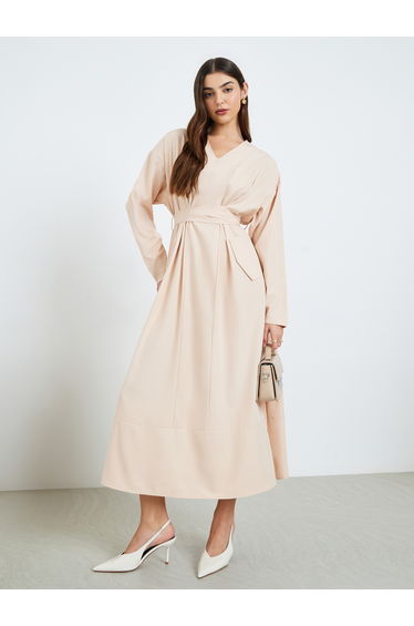 Women Beige Belted Waist A-Line Dress