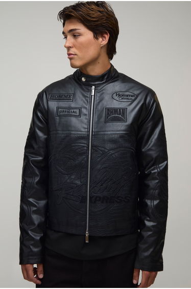 Regular Fit Man Racing PU Biker Jacket - black