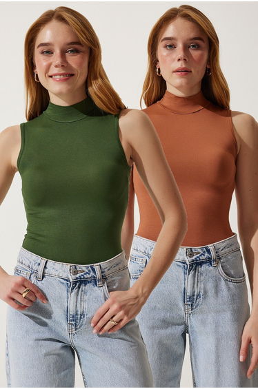 Women's Dark Green Camel High Neck Sleeveless