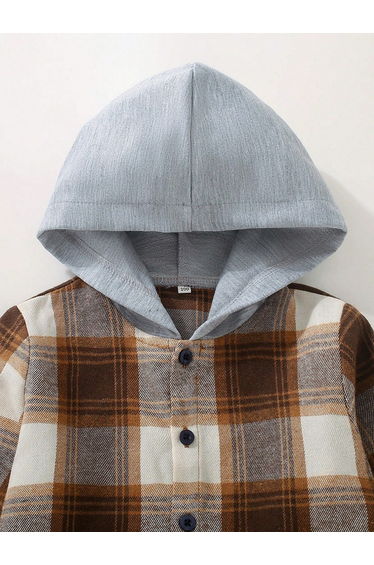 Boys Checked Button Front Hooded Jacket