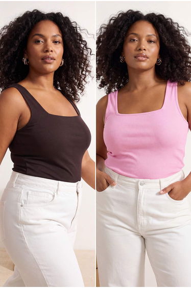 Brown-Pink Basic Corded Fabric 2-Pack Square Neck Cotton Knitted Large Size Undershirt